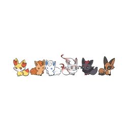  alolan_vulpix animal_focus aqua_eyes blue_eyes brown_eyes commentary_request fennekin fox hisuian_zorua looking_at_viewer nickit no_humans orange_eyes pokemon pokemon_(creature) pokemon_focus sitting smile upiupisyo vulpix white_background yellow_eyes zorua 
