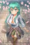  1girl aqua_eyes aqua_hair blush breasts brick_floor brown_legwear cherry_blossoms clothes_around_waist collarbone from_above grass green_skirt hair_ornament hairclip hand_on_hip highres jacket jacket_around_waist jacket_removed kantai_collection large_breasts long_hair looking_at_viewer looking_up nedia_r orange_neckerchief outdoors pavement pleated_skirt shadow skirt sleeves_rolled_up smile solo straight_hair suzuya_(kantai_collection) thigh-highs tongue tongue_out walking 