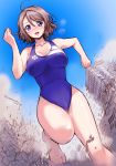  1girl 2017 artist_name barefoot blue_eyes blue_swimsuit blush brown_hair building competition_swimsuit destruction from_below giantess love_live! love_live!_sunshine!! one-piece_swimsuit running short_hair solo swimsuit torajimaneko watanabe_you 