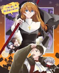  2boys 3girls animal_costume animal_ears ascot ayanami_rei bat_wings black_cloak black_dress black_hair black_hood blue_eyes blue_hair blush bow bowtie brown_hair cat_costume cat_ears chibi chibi_inset cloak closed_mouth commentary_request cross cross_necklace dress furrowed_brow ghost glasses grey_hair hair_between_eyes happy_halloween highres holding holding_polearm holding_weapon hood hood_up ikari_shinji jewelry lance_of_longinus_(evangelion) long_hair low_twintails makinami_mari_illustrious multiple_boys multiple_girls nagisa_kaworu necklace neon_genesis_evangelion nun nun_headdress one_eye_closed open_mouth orange_hair parted_lips polearm popped_collar rebuild_of_evangelion red_bow red_bowtie red_eyes red_vest shirt short_hair smile souryuu_asuka_langley sweatdrop twintails unihotate0329 upper_body vampire_costume vest weapon white_ascot white_shirt wings 