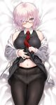  1girl bare_shoulders bed_sheet black-framed_eyewear black_legwear blush breasts commentary_request cowboy_shot eyebrows_visible_through_hair eyes_visible_through_hair fate/grand_order fate_(series) glasses hair_over_one_eye jacket kure_masahiro large_breasts legs_together looking_at_viewer lying navel necktie off_shoulder on_back panties panties_under_pantyhose pantyhose purple_hair seamed_legwear shielder_(fate/grand_order) short_hair skirt skirt_lift solo underwear violet_eyes white_panties 