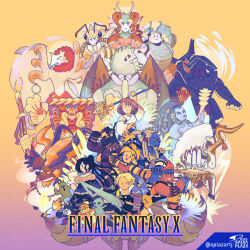  ._. 3girls 4boys anima anima_(final_fantasy) artist_logo auron bahamut_(final_fantasy) brotherhood_(ff10) commentary copyright_name deformed english_commentary everyone final_fantasy final_fantasy_x gradient_background ifrit_(final_fantasy) ixion kimahri_ronso logo lulu_(ff10) lulu_(league_of_legends) magus_sisters mindy_magus moogle multiple_boys multiple_girls rikku_(ff10) ronso sabotender shiva_(final_fantasy) solid_circle_eyes splazartj staff_(ff10) tidus valefor wakka yojimbo_(final_fantasy) yuna_(ff10) 