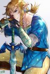  1boy belt black_gloves blue_eyes earrings fingerless_gloves glint gloves highres jewelry light_brown_hair link looking_at_viewer master_sword mythical_world_(shutan) pointy_ears ponytail solo sword the_legend_of_zelda the_legend_of_zelda:_breath_of_the_wild triforce weapon 