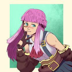 1girl aivy_lovencraft arteverent blush fanart green_eyes highres indie_virtual_youtuber long_hair monocle pink_hair simple_background skirt smile virtual_youtuber vtuber vtuberfanart