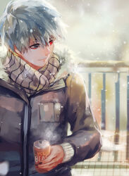  1boy black_jacket black_nails can canned_coffee closed_mouth commentary_request drink_can fur-trimmed_jacket fur_trim fuurin grey_eyes grey_hair hair_between_eyes heterochromia holding holding_can jacket kaneki_ken light_smile long_sleeves looking_to_the_side male_focus outdoors railing red_eyes scarf short_hair snow snowing solo steam striped_clothes striped_scarf tokyo_ghoul upper_body white_scarf winter_clothes 