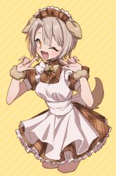  1girl ;d animal_ears apron blush bow bowtie breasts brown_dress commentary_request cropped_legs dog_ears dog_tail dress enmaided hasumi_leia highres kemonomimi_mode mahou_shoujo_no_majo_saiban maid maid_apron medium_breasts one_eye_closed orange_eyes plaid_clothes plaid_dress short_dress short_hair smile solo suno_(imydream) tail 