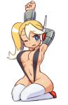  1girl arms_up bikini black_bikini blonde_hair blue_eyes breasts bright_pupils call_e erect_nipples full_body hand_behind_head large_breasts long_hair looking_at_viewer microphone mighty_no._9 multicolored_hair one_eye_closed open_mouth robot_joints seiza side_ponytail simple_background sitting sling_bikini solo swimsuit thigh-highs two-tone_hair white_background white_hair white_legwear 