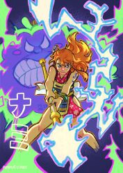  1girl absurdres armor bangle bare_legs bare_shoulders bracelet character_name clenched_teeth clima-tact closed_mouth clouds electricity english_commentary fighting_stance floating_hair floral_print hair_ornament highres holding holding_staff japanese_armor japanese_clothes jewelry kimono log_pose long_hair looking_at_viewer mimscosara nami_(one_piece) official_alternate_costume one_piece orange_hair outstretched_arms print_kimono red_kimono sash short_kimono shoulder_tattoo single_sidelock sleeveless sleeveless_kimono staff straight-on tattoo teeth zeus_(one_piece) 