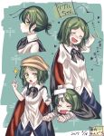  1girl alternate_hairstyle antennae bandaid cape closed_eyes commentary_request flying_sweatdrops green_eyes green_hair hair_bun heart heart_antennae iiha_toobu long_sleeves looking_at_viewer lying multiple_views on_stomach open_mouth profile puffy_long_sleeves puffy_sleeves shirt short_hair shorts smile sparkle touhou uneven_eyes white_shirt wriggle_nightbug 