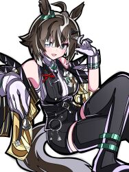  1girl ahoge animal_ears armpit_crease black_boots black_shirt black_shorts boots brown_hair chess_piece commentary_request ear_ornament eyes_visible_through_hair gloves hair_ornament hair_over_one_eye highres holding holding_chess_piece horse_ears horse_girl horse_tail kikkasoon looking_at_viewer multicolored_hair open_mouth rulership_(umamusume) shirt short_hair shorts simple_background sitting sleeveless sleeveless_shirt solo streaked_hair tail thigh_boots umamusume white_background white_gloves 