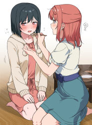  2girls ? @_@ barefoot belt_bow black_hair blush bow bow_earrings breasts cardigan commentary_request earrings fang feeding flustered green_skirt hands_on_own_thighs highres holding holding_spoon jewelry looking_at_another looking_to_the_side love_live! love_live!_nijigasaki_high_school_idol_club medium_breasts medium_hair meobbab2 mifune_shioriko multiple_girls open_cardigan open_clothes open_mouth pom_pom_(clothes) puffy_short_sleeves puffy_sleeves red_eyes red_hair revision seiza shirt short_hair short_sleeves sitting skirt small_sweatdrop spoon table trembling uehara_ayumu white_shirt wooden_floor wooden_table 