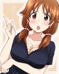  1girl bangs black_shirt breast_hold breasts brown_eyes brown_hair cleavage collarbone earrings eyebrows_visible_through_hair hair_ornament hand_up idolmaster idolmaster_cinderella_girls ikari_manatsu index_finger_raised jewelry katagiri_sanae large_breasts long_hair low_twintails necklace open_mouth pink_lips shirt short_hair short_twintails solo twintails upper_body 