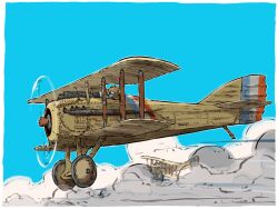  1boy aircraft airplane aviator_cap aviator_goggles biplane blue_sky border brown_hat cat_boy clouds engine furry furry_male goggles hat highres original propeller sky vehicle_focus white_border yabarn 