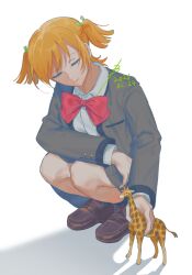  1girl blonde_hair bow bowtie breast_pocket brown_shoes character_figure closed_eyes closed_mouth collared_shirt commentary daiba_nana dated elbow_on_knee elbow_rest english_commentary facing_down full_body giraffe giraffe_(revue_starlight) green_ribbon grey_jacket grey_skirt grey_socks hair_ribbon hand_on_own_thigh highres holding_figure invisible_floor jacket light_smile loafers long_sleeves miniskirt open_clothes open_jacket pm_opus pocket red_bow red_bowtie ribbon school_uniform seishou_music_academy_uniform shadow shirt shoes short_hair shoujo_kageki_revue_starlight signature simple_background skirt socks solo squatting two_side_up white_background white_shirt 