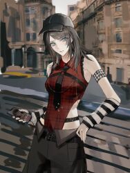  1girl armlet bang_dream! bang_dream!_it's_mygo!!!!! baseball_cap black_hair black_hat black_necktie black_pants blue_eyes breasts cellphone closed_mouth feiyu30903448 hat highres holding holding_phone jewelry leg_warmers medium_breasts medium_hair necktie outdoors pants phone plaid_clothes plaid_shirt red_shirt safety_pin shiina_taki shirt sleeveless sleeveless_shirt smartphone striped_leg_warmers yahata_umiri 