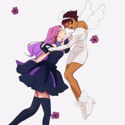  2girls alien_stage amity_blight angel angel_wings black_dress black_gloves black_thighhighs boots brown_hair closed_eyes commentary cosplay dark-skinned_female dark_skin dress earrings english_commentary gloves gradient_hair hairband halo highres holding_hands jewelry luz_noceda mizi_(alien_stage) mizi_(alien_stage)_(cosplay) multicolored_hair multiple_girls open_mouth pink_hair purple_hair realyskp short_hair sphere_earrings sua_(alien_stage) sua_(alien_stage)_(cosplay) the_owl_house thigh-highs two-tone_hair very_short_hair white_boots white_dress white_gloves white_hairband white_wings wings 