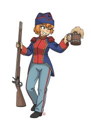  alcohol beer chinese_text commentary copyright_request cup english_commentary froth green_eyes gun highres irish_commentary light_blush mexican-american_war mug one_eye_closed saint_patrick's_day shengongfuti smile soldier solo toasting_(gesture) weapon white_background 