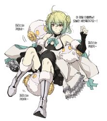  1boy ahoge black_dress black_gloves blonde_hair braid braided_bun brown_eyes commentary_request double_bun dress elbow_gloves fate/grand_order fate_(series) fingerless_gloves fur-trimmed_gloves fur_trim gloves gradient_hair green_hair gyogyo_hjj hair_bun highres korean_commentary korean_text male_focus multicolored_hair paris_(fate) solo sweatdrop translation_request trap 