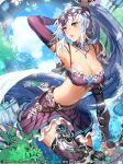  1girl 2016 armpits arrow artist_name belt bow_(weapon) breasts cleavage company_name day gyakushuu_no_fantasica leaf long_hair midriff miniskirt muse_(rainforest) navel ponytail quiver skirt sky solo violet_eyes weapon white_hair 