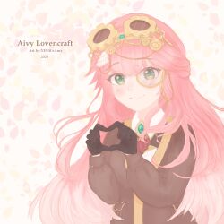 1girl aivy_lovencraft fanart goggles goggles_on_head green_eyes highres indie_virtual_youtuber long_hair monocle pink_hair simple_background smile virtual_youtuber vtuber vtuberfanart