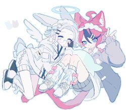  2boys ahoge angel_wings animal_ear_fluff animal_ears aotsuki_eito blue_eyes bow cat_ears commentary_request glasses grey_jacket hair_bow hair_ornament hairband hairclip halo highres jacket kemonomimi_mode leg_warmers looking_at_viewer male_focus multiple_boys rabbit_ears red_hair shoes short_hair shorts simple_background smile sneakers sumino_takumi the_hundred_line_-last_defense_academy- traditional_halo uu_22233 v white_background white_hair white_jacket wings 