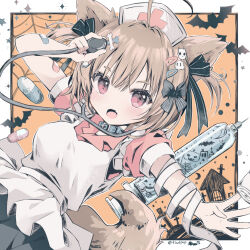  1girl :d ahoge animal_ears apron blush border breasts brown_hair cat_ears commentary cowboy_shot dot_nose green_skirt hair_intakes halloween hat highres holding holding_stethoscope large_breasts looking_at_viewer maya_(tirolpop) nurse_cap open_mouth orange_background original outside_border pink_shirt red_eyes shirt short_hair short_sleeves skirt smile solo stethoscope tail thick_eyebrows twitter_username white_apron white_border wolf_ears wolf_girl wolf_tail 