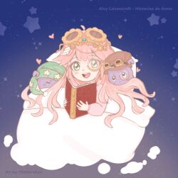 1girl absurdres aivy_lovencraft craftito fanart goggles goggles_on_head green_eyes highres indie_virtual_youtuber long_hair monocle pink_hair reading simple_background smile spanish_commentary spanish_text virtual_youtuber vtuber vtuberfanart yes_its_amy
