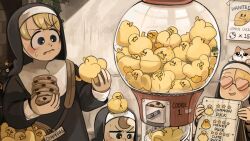  3girls animal_on_head baby_animal bird blonde_hair blue_eyes brown_bag brown_eyes brown_hair cat cat_on_head chicken chocolate_chip_cookie clumsy_nun_(diva) commentary cookie diva_(hyxpk) duck duckling english_commentary food froggy_nun_(diva) gashapon goat heart heart-shaped_eyewear highres little_nuns_(diva) multiple_girls nun on_head pink-tinted_eyewear poster_(object) spicy_nun_(diva) star_ornament sweat tinted_eyewear traditional_nun 