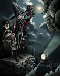  absurdres braid full_moon hat hellboy_(comic) highres index_ring liskim moon nazi necronomicon spotlight swastika tabi tentacles waves witch_hat 
