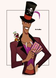  1boy black_hair card card_(medium) commentary_request dark_skin doll dr._facilier grin hat highres jewelry necklace smile solo tagme the_princess_and_the_frog_(disney) toon_(style) upper_body yokotn 