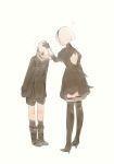  1boy 1girl :&gt; ? back_cutout black_boots black_gloves black_legwear blindfold boots choker double-breasted dress gloves hairband heart high_heel_boots high_heels kneehighs leaning_forward long_sleeves nier_(series) nier_automata petting puffy_sleeves short_hair simple_background smile sparkle thigh-highs thigh_boots tsukino_yui twitter_username white_background white_hair yorha_no._2_type_b yorha_no._9_type_s 