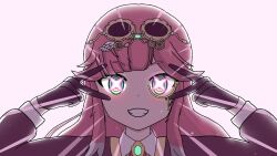 1girl aivy_lovencraft fanart goggles goggles_on_head green_eyes indie_virtual_youtuber locust_q2 long_hair looking_at_viewer monocle pink_hair spanish_commentary v virtual_youtuber vtuber vtuberfanart
