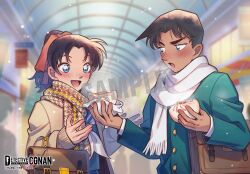  1boy 1girl :d black_hair blurry blush brown_bag brown_coat coat commentary_request copyright_logo copyright_notice couple depth_of_field food green_eyes green_jacket green_sailor_collar green_shirt green_skirt hair_ribbon hattori_heiji high_ponytail jacket light_particles logo long_sleeves looking_at_food meitantei_conan meitantei_conan_card_game neckerchief official_art open_mouth orange_ribbon ponytail ribbon sailor_collar sample_watermark scarf school_uniform serafuku shirt shopping_district short_hair skirt smile steamed_bun tooyama_kazuha ukata upper_body watermark white_neckerchief white_scarf white_shirt 