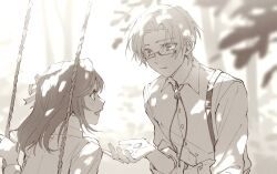  1boy bow closed_mouth collared_shirt commentary_request hair_bow highres koeda_(k83_4) long_hair monochrome open_mouth outdoors rosa_(tears_of_themis) seesaw semi-rimless_eyewear shirt short_hair smile tears_of_themis vyn_richter_(tears_of_themis) white_shirt 