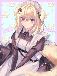  1girl animal_ears apron arknights bang_dream! bang_dream!_it's_mygo!!!!! between_legs black_dress blonde_hair blue_background border character_name collared_dress commentary_request cowboy_shot dog dog_ears dog_girl dog_tail dress frilled_apron frills hand_between_legs highres juliet_sleeves long_sleeves looking_at_viewer maid maid_apron maid_headdress medium_hair misumi_uika misumi_uika_(perro) puffy_sleeves sitting solo tail v_arms violet_eyes wasabi_(dione) white_apron 