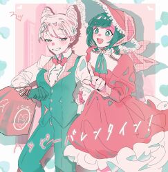  2girls :d alternate_costume bag bow bowtie breasts collared_shirt commentary_request cone_hair_bun cowboy_shot double_bun dress frilled_dress frills fukurai_azami gloves green_eyes green_hair hair_bun happy_valentine hat highres holding holding_bag jasmine_(toshi_densetsu_kaitai_center) limited_palette long_sleeves looking_ahead looking_at_another m_rgfn medium_breasts multiple_girls neck_ribbon open_mouth pants pink_bow pink_bowtie pink_dress pink_hat pointing ribbon shirt shopping_bag short_hair smile standing suit toshi_densetsu_kaitai_center translation_request vest white_shirt 