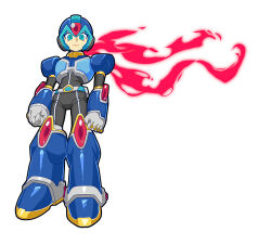  1boy armor black_bodysuit blue_armor blue_eyes blue_helmet bodysuit clenched_hands forehead_jewel full_body g_nm_k gloves grey_gloves helmet iridescent_clothes male_focus mega_man_(series) mega_man_x:_command_mission mega_man_x_(series) new_armor_x_(mega_man) red_scarf scarf simple_background solo standing white_background x_(mega_man) 