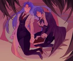  2girls absurdres angela_(project_moon) ascot black_feathers black_pantyhose black_skirt black_vest blue_coat blue_hair book brown_hair carmen_(project_moon) chinese_commentary closed_eyes closed_mouth coat collared_shirt colored_eyelashes commentary_request eye_focus feathers frilled_sleeves frills full_body gloves highres holding holding_book lab_coat library_of_ruina lobotomy_corporation long_hair long_sleeves meptbey multiple_girls necktie pantyhose parted_bangs parted_lips pencil_skirt project_moon red_necktie shirt short_hair skirt time_paradox very_long_hair vest white_coat white_gloves white_shirt wide-eyed wing_collar yellow_eyes 