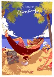  1girl 5boys aged_down baby_5 beach black_hair blonde_hair buck_teeth buffalo_(one_piece) child commentary dellinger_(one_piece) donquixote_doflamingo donquixote_rocinante dress eyewear_on_head hammock hat highres horns long_hair male_swimwear multiple_boys ocean one_piece open_mouth outdoors palm_tree person_on_back running short_hair smile straw_hat sunglasses swim_trunks teeth topless_male trafalgar_law tree unicouni untranslatable_commentary white_dress white_hat 
