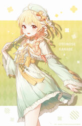  1girl :d blonde_hair bow braid capelet character_name commentary cowboy_shot dress frilled_dress frills gradient_background gradient_clothes gradient_dress green_dress hair_bow hair_jewelry hand_fan hand_up hat highres holding holding_fan hololive hololive_dev_is jizo_3x357 long_sleeves looking_at_viewer orange_eyes otonose_kanade ribbon single_braid smile solo thighs untranslatable_commentary waist_bow white_bow white_capelet white_dress yellow_bow yellow_ribbon 