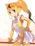  1girl armpit_peek baton blonde_hair bracelet brown_eyes brown_hair elbow_gloves eyebrows_visible_through_hair from_side gloves golden_snub-nosed_monkey_(kemono_friends) gradient gradient_background gradient_hair hair_ornament hand_on_hip high_ponytail highres japari_symbol jewelry kemono_friends leotard long_hair looking_at_viewer monkey_ears multicolored multicolored_background multicolored_hair nuqura orange_background orange_hair pink_background ponytail simple_background skirt sleeveless smile solo tareme thigh-highs turtleneck weapon white_background white_hair white_skirt yellow_legwear 