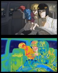  3boys argyle_clothes argyle_sweater black_hair blonde_hair blue_eyes bob_cut braid bruno_bucciarati car car_interior clothing_cutout commentary_request driving giorno_giovanna green_eyes guido_mista hair_ornament hairclip hat highres jacket jewelry jojo_no_kimyou_na_bouken korean_commentary male_focus motor_vehicle multiple_boys night pink_jacket short_hair sitting sweatdrop sweater temperature thermogram vento_aureo when_you_see_it yoaptv 