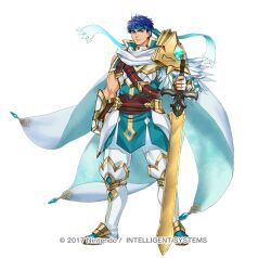  1boy armor blue_eyes blue_hair blue_headband blue_tunic cape closed_mouth commentary_request feathers fingerless_gloves fire_emblem fire_emblem:_radiant_dawn fire_emblem_heroes gloves headband holding holding_sword holding_weapon ike_(fire_emblem) ike_(vanguard_legend)_(resplendent)_(fire_emblem) kuroba.k looking_at_viewer male_focus muscular muscular_male official_alternate_costume pants popped_collar ragnell scarf short_hair simple_background solo sword tunic weapon white_cape white_gloves white_pants white_scarf 