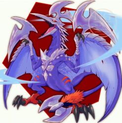  azhdarmon colored_sclera commentary_request digimon digimon_(creature) dinosaur dragon full_body no_humans red_background red_sclera sharp_teeth solo teeth vgz083 wings yellow_eyes 