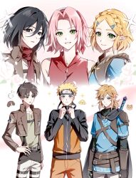  3boys 3girls black_hair blonde_hair blush eren_yeager flak_jacket haruno_sakura highres jacket kryu0415 link mikasa_ackerman multiple_boys multiple_girls naruto_(series) naruto_shippuuden pink_hair princess_zelda shingeki_no_kyojin smile the_legend_of_zelda the_legend_of_zelda:_tears_of_the_kingdom uzumaki_naruto 