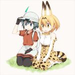  2girls animal_ears backpack bag elbow_gloves feathers gloves hat kaban kemono_friends kneeling multiple_girls serval_(kemono_friends) serval_ears serval_print serval_tail short_hair shorts souji tail thigh-highs 