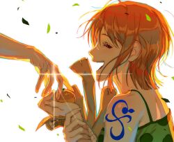  2girls ^_^ arm_tattoo bellemere camisole closed_eyes dusgkwjd1 falling_petals food fruit green_shirt hashtag-only_commentary highres holding holding_food holding_paper mandarin_orange map multiple_girls nami_(one_piece) one_piece orange_hair out_of_frame paper petals profile shirt short_hair tattoo 