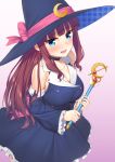  1girl bare_shoulders blue_eyes blush breasts brown_hair cleavage detached_sleeves dress eyebrows eyebrows_visible_through_hair frilled_dress frilled_sleeves frills gradient gradient_background hat holding holding_wand large_breasts long_hair looking_at_viewer mikazuchi_zeus new_game! open_mouth revision sidelocks simple_background solo takimoto_hifumi wand white_wings wings 