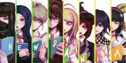  4boys 4girls ahoge akamatsu_kaede amami_rantaro androgynous angry antenna_hair artist_request backpack bag bandaged_hand bandages bell belt black_hair black_hat black_jacket black_mask black_scarf blazer blonde_hair blue_eyes blue_hair blue_shirt blunt_bangs bob_cut book bookmark bow bowtie bracelet breast_pocket brown_hair brown_jacket brown_vest business_suit buttons chabashira_tenko chain checkered_clothes checkered_scarf choker collared_jacket collared_shirt copyright_name crest danganronpa_(series) danganronpa_v3:_killing_harmony downturned_eyes dress_shirt evil_smile expressionless eyelashes floral_print gakuran glasses gokuhara_gonta green_bow green_eyes green_hair green_hat green_jacket grey_shirt hair_between_eyes hair_bow hair_ornament hair_ribbon hairband hairclip happy hat hat_belt high_collar holding holding_book jacket jewelry lapel_pin lapels layered_sleeves light_frown lips long_eyelashes long_hair long_sidelocks long_sleeves looking_ahead looking_at_viewer low_twintails mask mouth_mask multiple_boys multiple_bracelets multiple_girls musical_note musical_note_hair_ornament neck_bell necktie notched_lapels oma_kokichi open_book open_clothes open_jacket open_mouth orange_jacket orange_necktie peaked_cap pink_belt pink_choker pink_eyes pink_hairband pink_vest pocket print_bow purple_hair rainbow_order reading red_eyes red_hair ribbon ring round_eyewear sailor_collar scarf school_uniform serafuku shinguji_korekiyo shirogane_tsumugi shirt short_hair short_sleeves sidelocks smile source_request striped_clothes striped_shirt suit teeth third-party_source twintails two-tone_scarf undershirt upper_body upper_teeth_only vest violet_eyes wavy_hair white_background white_belt white_bow white_bowtie white_jacket white_ribbon white_sailor_collar white_scarf white_shirt witch_hat wrist_belt yellow_eyes yumeno_himiko zipper zipper_pull_tab 