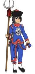  blue_pants chinese_hat frown highres light_blush original pants polearm shengongfuti socks soldier solo weapon white_background white_socks 